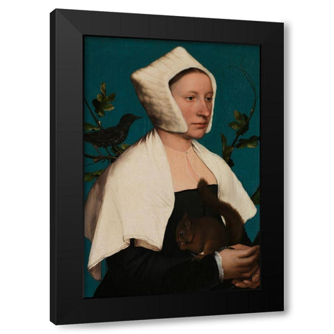 Portrait of a Lady with a Squirrel and a Starling Black Modern Wood Framed Art Print with Double Matting by Holbein, Hans