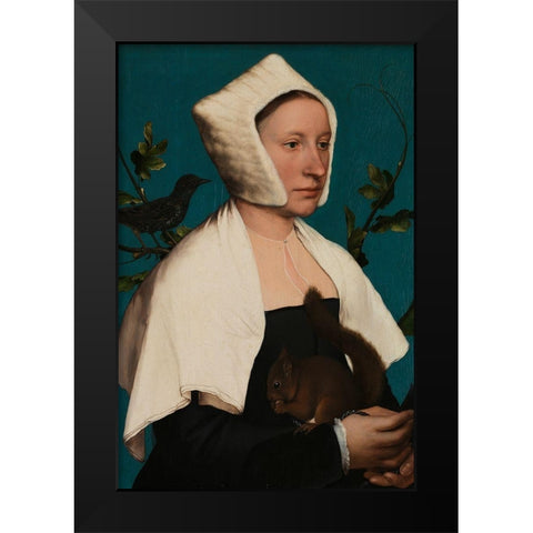 Portrait of a Lady with a Squirrel and a Starling Black Modern Wood Framed Art Print by Holbein, Hans