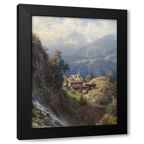 Village in the Bernese Alps Black Modern Wood Framed Art Print by Mosengel, Adolf