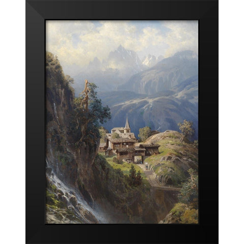 Village in the Bernese Alps Black Modern Wood Framed Art Print by Mosengel, Adolf