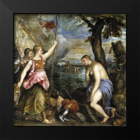 Religion saved by Spain Black Modern Wood Framed Art Print by Titian