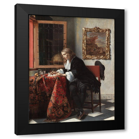 Man Writing a Letter Black Modern Wood Framed Art Print with Double Matting by Metsu, Gabriel