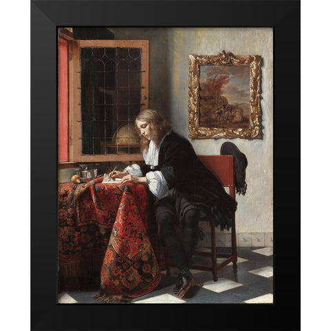 Man Writing a Letter Black Modern Wood Framed Art Print by Metsu, Gabriel