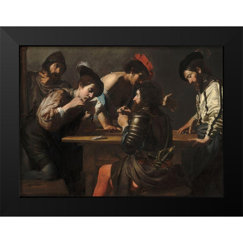 Soldiers Playing Cards and Dice, The Cheats Black Modern Wood Framed Art Print by de Boulogne, Valentin