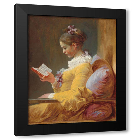 A Young Girl Reading Black Modern Wood Framed Art Print with Double Matting by Fragonard, Jean-Honore