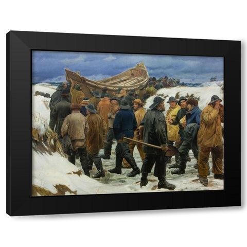 The lifeboat is driven through the dunes Black Modern Wood Framed Art Print by Ancher, Michael