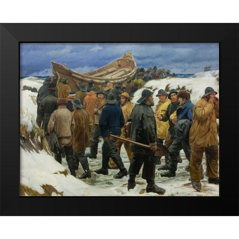 The lifeboat is driven through the dunes Black Modern Wood Framed Art Print by Ancher, Michael
