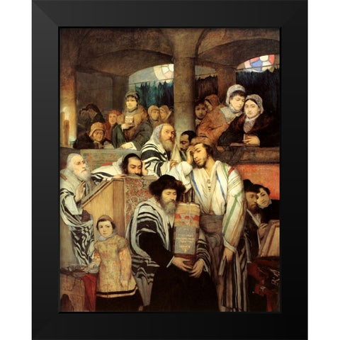 Jews Praying in the Synagogue on Yom Kippur Black Modern Wood Framed Art Print by Gottlieb, Maurycy