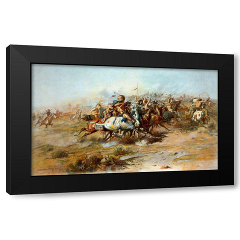 The Custer Fight Black Modern Wood Framed Art Print by Russell, Charles Marion
