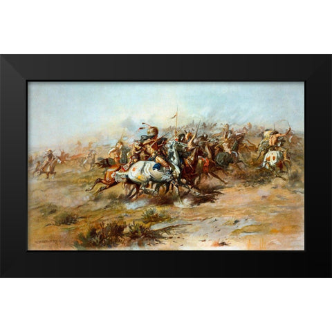 The Custer Fight Black Modern Wood Framed Art Print by Russell, Charles Marion
