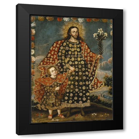 Saint Joseph and the Christ Child Black Modern Wood Framed Art Print with Double Matting by Cusco School