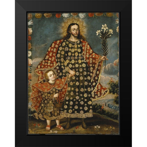 Saint Joseph and the Christ Child Black Modern Wood Framed Art Print by Cusco School