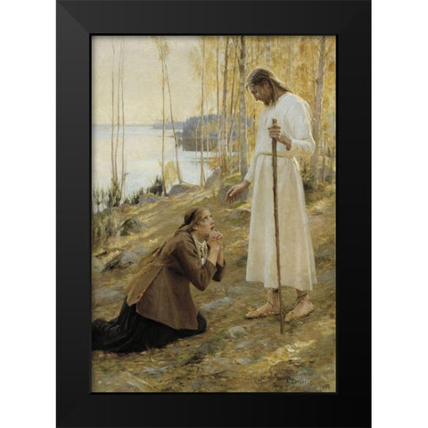 Christ and Mary Magdalene, a Finnish Legend Black Modern Wood Framed Art Print by Edelfelt, Albert