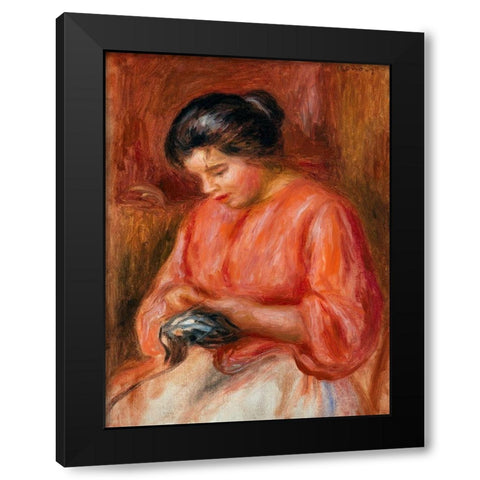Girl Darning 1909 Black Modern Wood Framed Art Print with Double Matting by Renoir, Pierre-Auguste