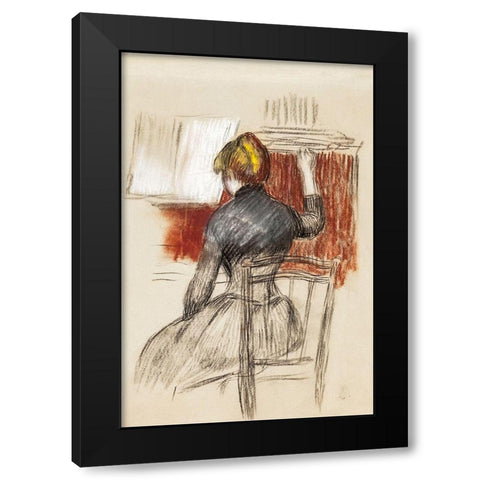 Woman at a Piano Black Modern Wood Framed Art Print by Renoir, Pierre-Auguste