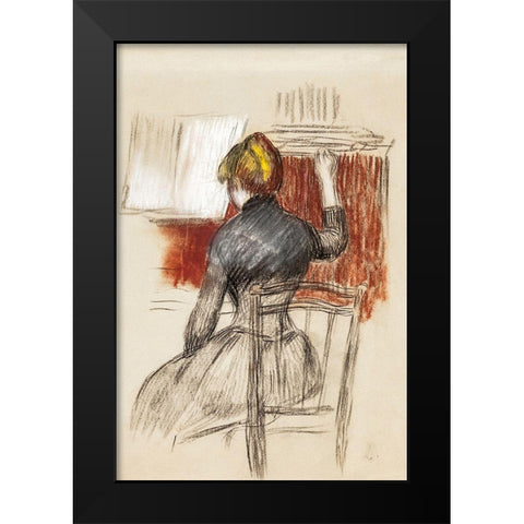 Woman at a Piano Black Modern Wood Framed Art Print by Renoir, Pierre-Auguste