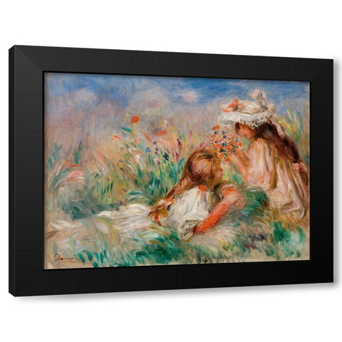 Girls in the Grass Arranging a Bouquet 1890 Black Modern Wood Framed Art Print with Double Matting by Renoir, Pierre-Auguste