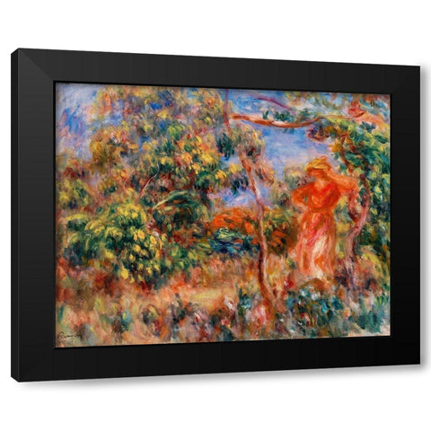 Woman in Red in a Landscape 1917 Black Modern Wood Framed Art Print with Double Matting by Renoir, Pierre-Auguste