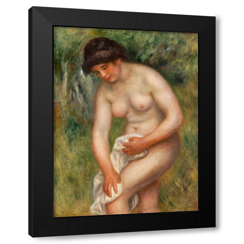 Bather Drying Herself Black Modern Wood Framed Art Print by Renoir, Pierre-Auguste