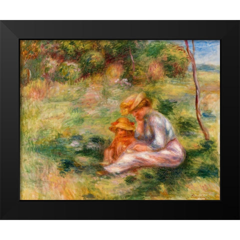 Woman and Child in the Grass 1898 Black Modern Wood Framed Art Print by Renoir, Pierre-Auguste