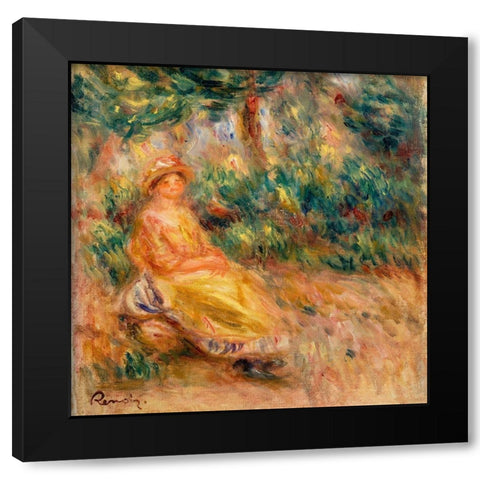 Woman in Pink and Yellow in a Landscape Black Modern Wood Framed Art Print with Double Matting by Renoir, Pierre-Auguste