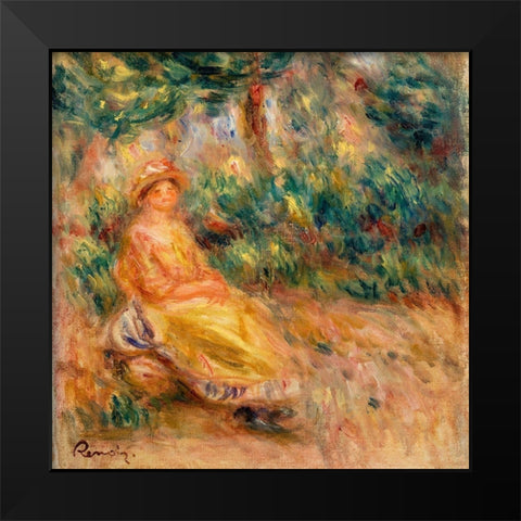 Woman in Pink and Yellow in a Landscape Black Modern Wood Framed Art Print by Renoir, Pierre-Auguste