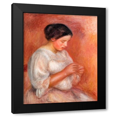 Woman Sewing 1908 Black Modern Wood Framed Art Print with Double Matting by Renoir, Pierre-Auguste