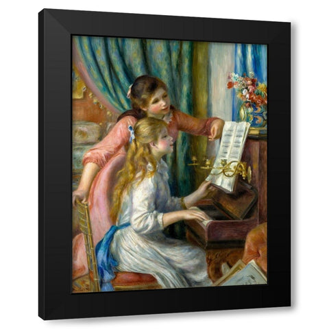 Two Young Girls at the Piano Black Modern Wood Framed Art Print with Double Matting by Renoir, Pierre-Auguste