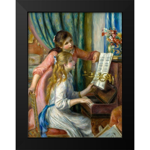 Two Young Girls at the Piano Black Modern Wood Framed Art Print by Renoir, Pierre-Auguste