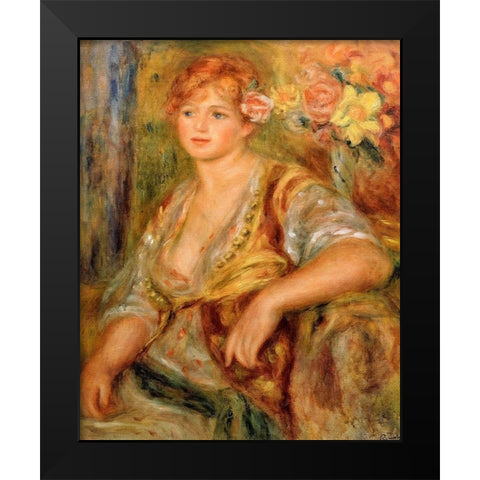 Blonde Girl with a Rose Black Modern Wood Framed Art Print by Renoir, Pierre-Auguste