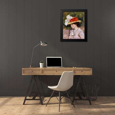 Woman in a Flowered Hat Black Modern Wood Framed Art Print by Renoir, Pierre-Auguste