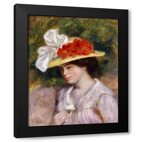 Woman in a Flowered Hat Black Modern Wood Framed Art Print with Double Matting by Renoir, Pierre-Auguste
