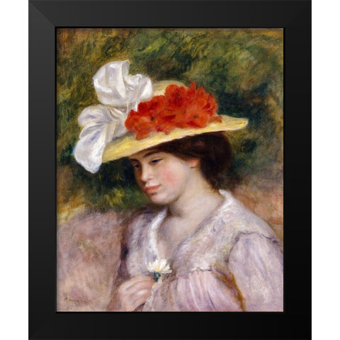Woman in a Flowered Hat Black Modern Wood Framed Art Print by Renoir, Pierre-Auguste