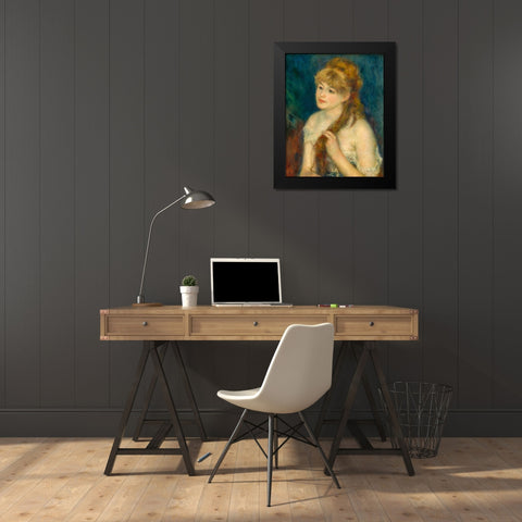 Young Woman Braiding Her Hair Black Modern Wood Framed Art Print by Renoir, Pierre-Auguste