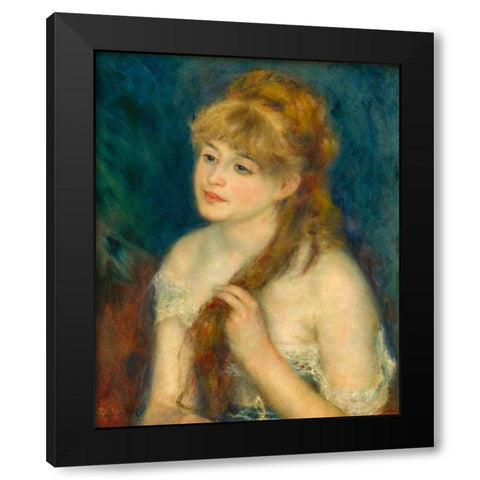 Young Woman Braiding Her Hair Black Modern Wood Framed Art Print by Renoir, Pierre-Auguste
