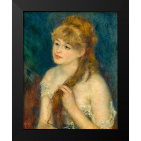Young Woman Braiding Her Hair Black Modern Wood Framed Art Print by Renoir, Pierre-Auguste