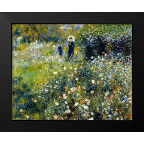 Woman with a Parasol in a Garden Black Modern Wood Framed Art Print by Renoir, Pierre-Auguste