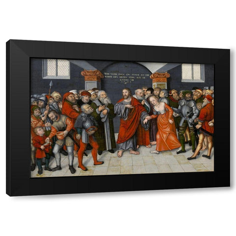 Christ and the Adulteress Black Modern Wood Framed Art Print by Cranach the Younger, Lucas
