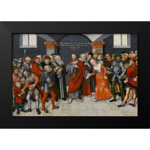 Christ and the Adulteress Black Modern Wood Framed Art Print by Cranach the Younger, Lucas