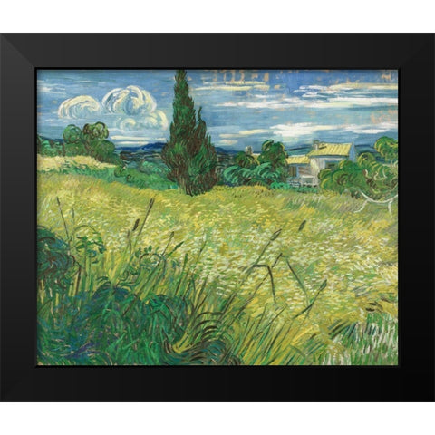 Green Field Black Modern Wood Framed Art Print by van Gogh, Vincent