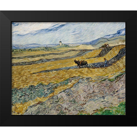 Enclosed Field with Ploughman Black Modern Wood Framed Art Print by van Gogh, Vincent