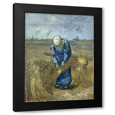 Peasant woman binding sheaves Black Modern Wood Framed Art Print by van Gogh, Vincent