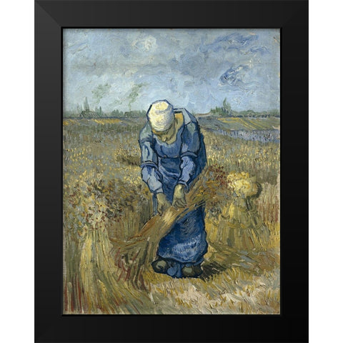 Peasant woman binding sheaves Black Modern Wood Framed Art Print by van Gogh, Vincent