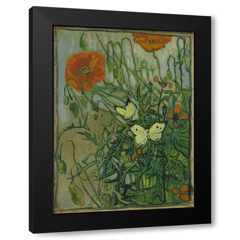 Butterflies and poppies Black Modern Wood Framed Art Print with Double Matting by van Gogh, Vincent