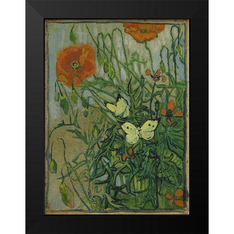 Butterflies and poppies Black Modern Wood Framed Art Print by van Gogh, Vincent