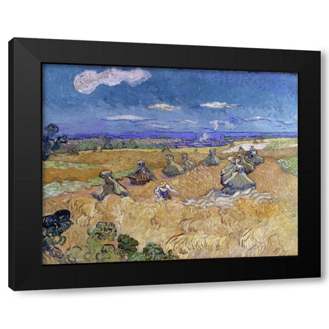 Wheat Stacks with Reaper Black Modern Wood Framed Art Print with Double Matting by van Gogh, Vincent