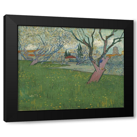 Orchards in blossom, view of Arles Black Modern Wood Framed Art Print by van Gogh, Vincent