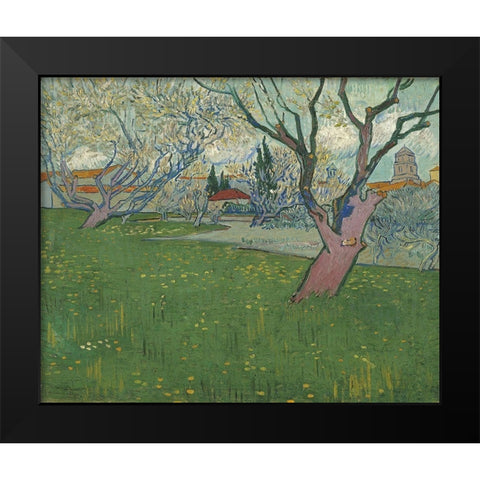 Orchards in blossom, view of Arles Black Modern Wood Framed Art Print by van Gogh, Vincent