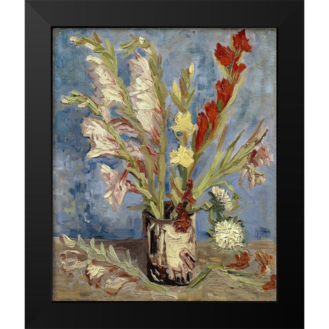 Vase with gladioli and China asters Black Modern Wood Framed Art Print by van Gogh, Vincent