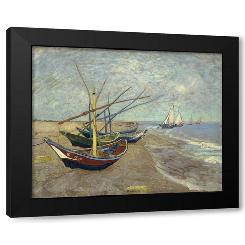 Fishing boats on the beach at Les Saintes-Maries-de-la-Mer Black Modern Wood Framed Art Print with Double Matting by van Gogh, Vincent